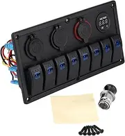 12V 24V 8 Gang Rocker Switch Panel Dual USB Voltmeter Cigarette Lighter Control Panel for Car Boat Marine ABS Plastic Black 23.9 x 11.9cm