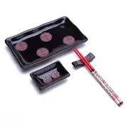 4 Pcs Japanese Sushi Plate Dinnerware Set Black With Chinese Double Happiness...