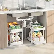 APRTAT 2 Pack Under Sink Organizer, Bamboo Wooden 2-Tier Pull-Out Storage with Sliding Drawers for Kitchen and Bathroom Cabinets, Easy Installation (White)