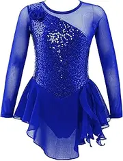 [Jugaoge] Kids Girls Figure Ice Skating Dress Sparkly Sequins Long Sleeve Ballet Dance Gymnastic Tutu Leotard