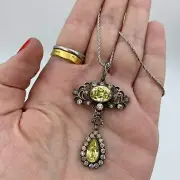 Antique 9Ct Simulated Yellow Sapphire Flower Pendant Sterling Silver Free Chain
