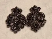 Signed JHS Black Tone Floral Ornate Rhinestone Cluster Clip On Earrings NWT