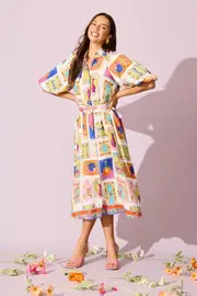 Serenity Midi Shirt Dress Short Sleeve in multicolor Cream with Multi Conversational Print 8