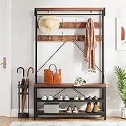 Large Coat Rack Shoe Bench Hall Tree Shoe Rack for Entryway 3-Tier Storage Shelf and Hooks Removable Industrial Accent Furniture Metal Frame 39.9"x15.7"x72"