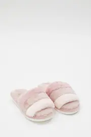 Pink Plush Faux Fur Stripe Mule Slippers