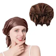 Mulberry Silk Sleep Cap Bonnet for Curly Hair and Braids-Brown
