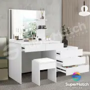 Dressing Table Stool Set Mirror Makeup Vanity Jewellery Table w/5 Drawers White