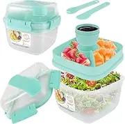 Salad Container, Salad Bowl with Utensils Leakproof Salad Box with 3 Compartment Tray Reusable Salad Lunch Box with Salad Dressing Cup Microwave Safe for Food Fruit Snack (Cyan)