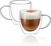CNGLASS Double Wall Glass Coffee Mugs with Handle,250ml Clear Insulated Glass Espresso Cups for Hot and Cold Beverages,Latte,Cappuccino,Set of 2