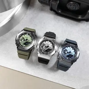 G-SHOCK CASIO / 卡西歐 八角金屬 雙顯 防水 橡膠手錶 綠x灰框 / GM-2100B-3A / 45m