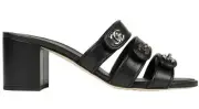 Chanel 19P Black Leather Turnlock CC Logo Mule Strap Slide Block Heel Sandal 36