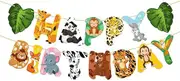 Jungle Animals Happy Birthday Banner, Safari Theme Party Decoration with Tropical Leaves