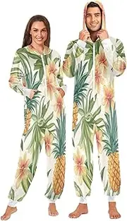 [ZZXXB] Pineapple Aloha Flowers Onesie Pajamas for Adult Women Men Long Sleeves One Piece Onesies Hooded Sleepwear S - XL