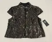 Sharon Young Vest Size Large Brown Sequined Lined Holiday Top Short Sleeve New.