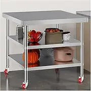 Kitchen Bench 3 Tier Shelf Stainless Steel Work Table On Wheels， Commercial Prep Tables Heavy Duty Catering Bench with Open Storage Shelves for Kitchen Home Restaurant(100x80x50cm)