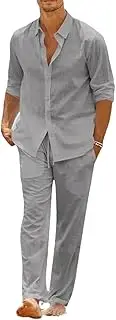 [HanzhuoLG] Men's Casual Tracksuit Set Solid Color Loose Lapel Long Sleeve Cardigan Shirts & Pants Two Piece Set Large Gray