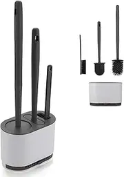 3PCS Toilet Brush Whit Holder Set, Silicone Toilet Brush with TPR Bristles（Flat&Circle） and Brushes, Cleaning Brushes Set for Bathroom, Wall Mounted and Standing, Gray Toilet Brush for Bathroom(Gray)