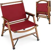 Costway Portable Camping Chair, Folding Low Beach Chair with Solid Bamboo Frame & Breathable Fabric, Outdoor Armchair with Rotating Back & Leg Support for Camping, Fishing, Picnic (1 PCS, Red)
