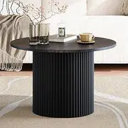 Round Ribbed Coffee Table with Cylindrical Bottom and Corrugated Table Body, 15mm Thick Tabletop, Stylish Contemporary Design for Living Room (Black)