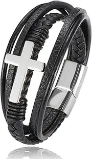 [Xindemei] Faith Cross Bracelet, Men's Multilayer Leather Woven Bangle Religious Cross Braided Wristband