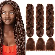 24 Inch Braids Extensions, Jumbo Braids, Synthetic Hair, 3 Bundles, Kanekalon Synthetic Crochet Hair, Braiding Hair, Afro Box Braiding (Dark Reddish Brown)