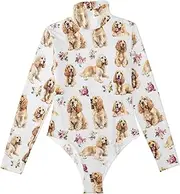 [voucong] Beauty Spaniel Dogs White long sleeve Buttery Soft Bodysuits for Women Body Suit Shapewear Tummy Control Cute Tops for Women Going Out High-Neck Medium size, Beauty Spaniel Dogs White