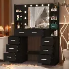 Bedroom Dressing Table Set Makeup Lighted Mirror Storage Desk LED 11 Bulbs Black