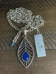 Barse KALI Bronze Genuine Blue Agate Magnetic Leaf Pendant Chain Necklace 30”