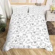 Feelyou Cartoon Ghost Bedding Set Twin Size Kids Kawaii Cute Ghost Comforter Cover Set for Boys Girls Teens Geometric Stripe Duvet Cover Halloween Theme Bedspread Cover（No Comforter