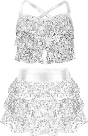 [Jugaoge] Kids Girls Sequin Tiered Camisole Tank Crop Top and Skirts Ballet Latin Jazz Latin Rumba Salsa Dance Costume