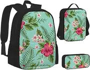 [ERCgad] Hawaiian Tropical Leaves Flowers Print Canvas 3-In-1 School Bags Set Backpack Lunch Bag Pencil Case Combo For Men Women, Black, One Size