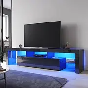ELEGANT TV Cabinet Furniture with LED Lighting, 200cm High Gloss Black Entertainment Unit