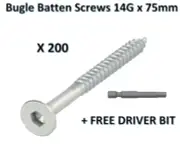 200 x Bugle Batten Screws 14 x 75mm Galvanised Type 17 for Timber Wood Decking