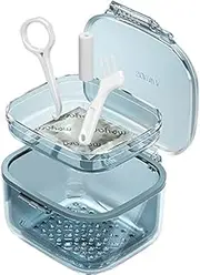 Retainer Case, Retainer Cleaner Case, Unique Denture Bath with Drain Tray, Suitable for Dentures, Denture Bridges, Partial Dentures, Traditional Braces, Etc. (Blue)