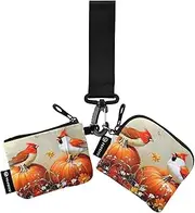 [XYMZR] Mini Zip Around Wristlet keychain Wallet Pumpkin Floral Bird Red for Women Personalized Pattern Detachable Dual Pouch Wristlet Portable Wallet Phone Coin Purse, Multi-colored, One Size