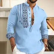 Men's Ethnic Shirt Button Up Shirt Long Sleeve Fashion Streetwear Designer Outdoor Street Daily Summer Spring Fall Stand Collar Print White Pink Blue Green Gra