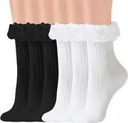 [QHANSHIEE] Women Lace Socks Ruffle Frilly Socks Cotton Crew Socks Lolita Socks Cute Princess Ankle Dress Socks Lace Ankle Socks for Girl Ladies 6 Pack, White+black, One Size