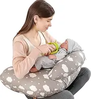 Labtec Nursing Pillow for Breastfeeding, Multifunctional Breast Feeding Pillow with Adjustable Waist Strap and Safety Fence, 100% Cotton Removable Pillowcase, Pregnancy Gift Grey