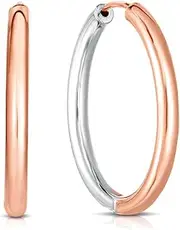 [JewelryWeb] 14k Rose White Gold 2.5x20mm Shiny Half White-Half Pink Hoop Earrings With Hinged Clasp-Hoop Earring for Women