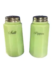 Small Panel Table Jadeite Green Glass, Salt & Pepper Set, Script Lettering