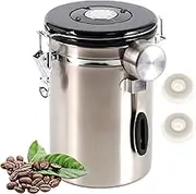VANANA 1.8L Coffee Canister Airtight Coffee Storage Container Stainless Steel Air Tight Coffee Jar with Scoop, Date Tracker, 2 Extra Valve Filters for Beans Ground Tea Flour Sugar (Sliver)