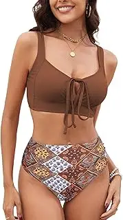 [ZAFUL] Womens High Waisted Bikini Two Piece Tummy Control Swimsuits Lace Up Front Retro Bathing Suits with Ruched Bottom