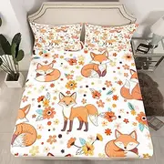 Cute Fox Kids Fitted Sheet Twin Size,Cartoon Animals Toddler Bedding Set,Girls Boys Adults Bedroom Decor,Flowers Plants Rustic Farmhouse Bed Cover,Colorful Lovely Sheet,1 Pillowcase Twin (39*75*16'')