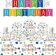 68PCS Happy Birthday Party Tableware Plates and Napkins Rainbow Polka Dot Birthday Banner Tableware Set Birthday Party Decorations Theme Dinner Plates Disposable Paper Plates Napkins Cups Tablecloth