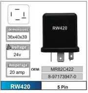 Nice RW420 Relay 5 Pin 24 Volt 20 Amp for Mitsubishi Models MR82C422 8-971739470