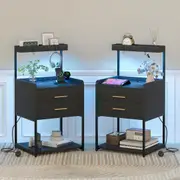 Advwin Bedside Table Set Of 2 with Charging Station and LED Lights 2 Drawers and Open Storage Shelves Black