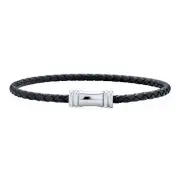 Black Woven Multi Strand Leather Bracelet with Silver Tone Clasp