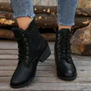 Ladies Thick Chunky Heel Pointed Toe Lace Up Casual Black England Short Boots