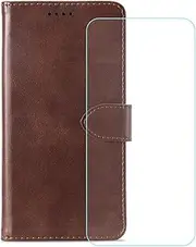 LCEHTOGYE Cover for Samsung Galaxy A15 + HD Tempered Glass,Shell PU BracketBumper Protective Back Case - Anti-Scratch Screen Protector for Samsung Galaxy A15-QKXNPT - Brown