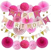 Party Decoration 21Pcs, Fiesta Paper Fan Party Decorations Set, Pink Hanging Paper Fans, Circle Pink Garland Swirl Streamers Honeycomb Ball, Pom Poms Flowers for Birthday, Fiesta, Baby Showers, Wedding Decorations